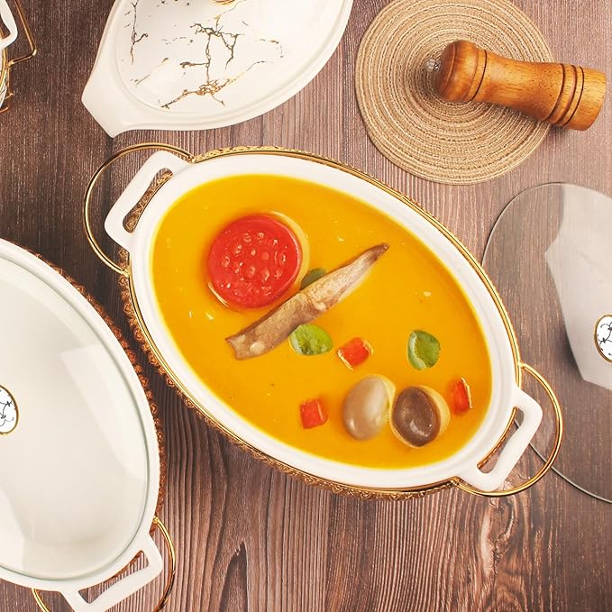 11" x 7" Ceramic Oval Casserole Dish with Glass Lid and Gold rack, 1.3 Quart White Serving Soup