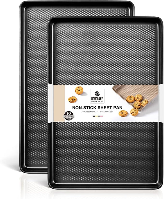HONGBAKE 2 Pack Half Sheet Pan Set, 1/2 Cookie Sheets for Baking with Diamond Texture, 17.5" x 12"