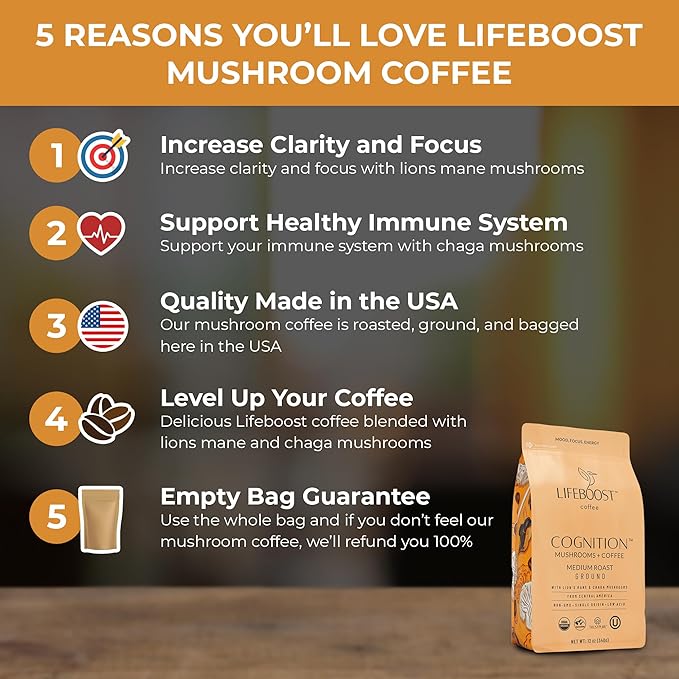 Lifeboost Cognition Adaptogenic Mushroom Coffee - Great Tasting Organic Lions Mane & Chaga Medium