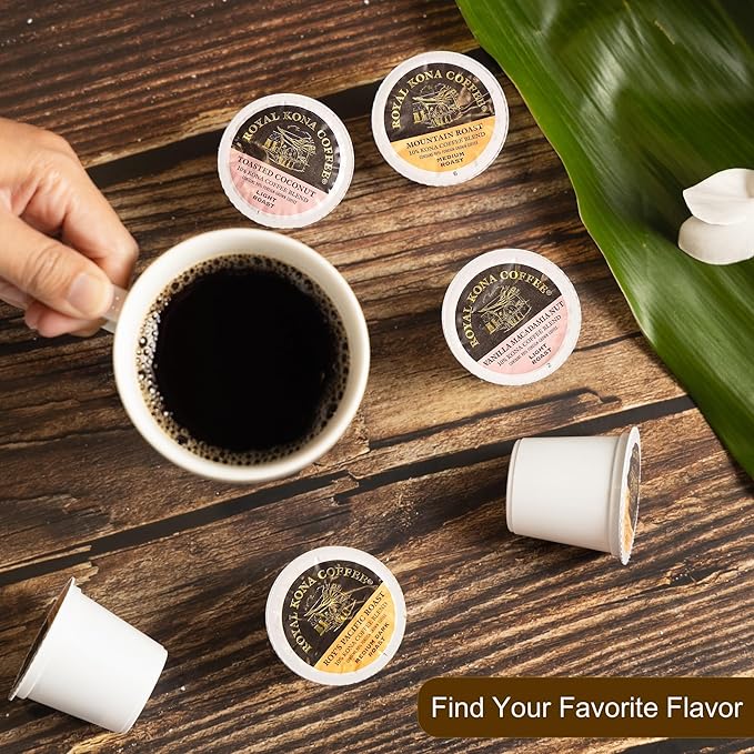 Royal Kona Vanilla Macadamia Flavored, 10% Kona Coffee Blend, Light-Roast Single-Serve Coffee Pods