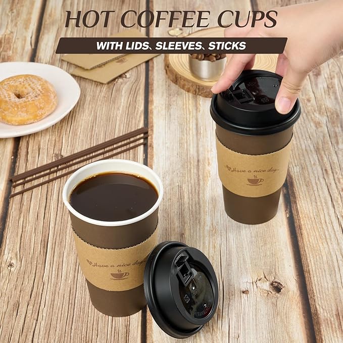 LITOPAK 100 Pack 16 oz Paper Coffee Cups, Brown Disposable Coffee Cups with Lids, Sleeves, Sticks