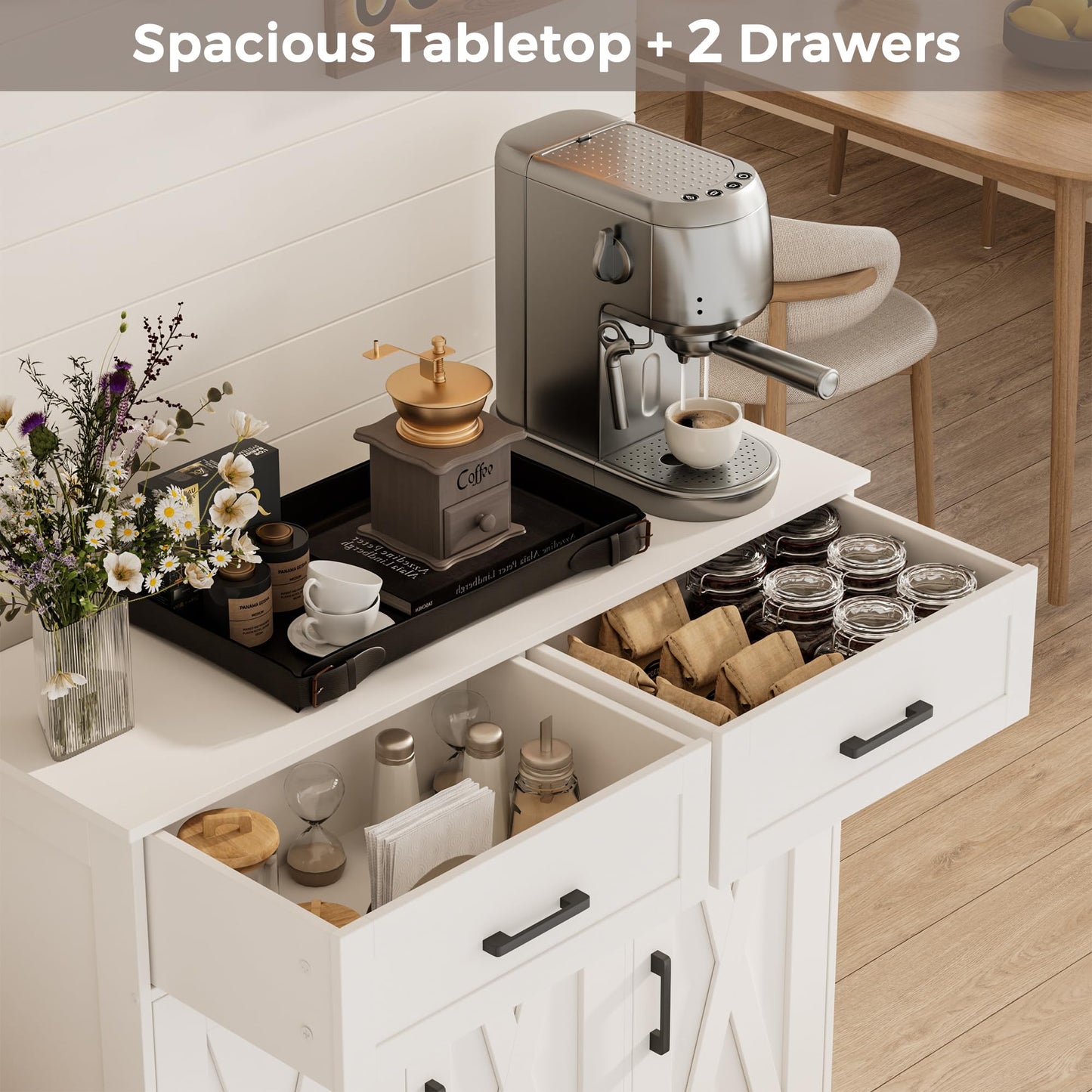 Homhedy Coffee Bar Storage Cabinet with Drawers, Kitchen Buffet Cabinet