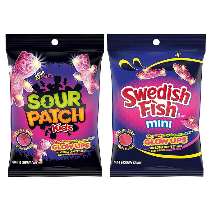 SOUR PATCH KIDS and SWEDISH FISH Mini Glow Ups Strawberry-Watermelon Soft & Chewy Candy Variety