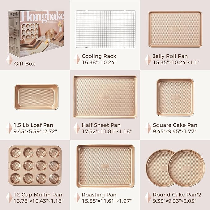 HONGBAKE 9-Piece Baking Pans Set Nonstick, Stackable Non Toxic Bakeware Sets with Diamond Texture