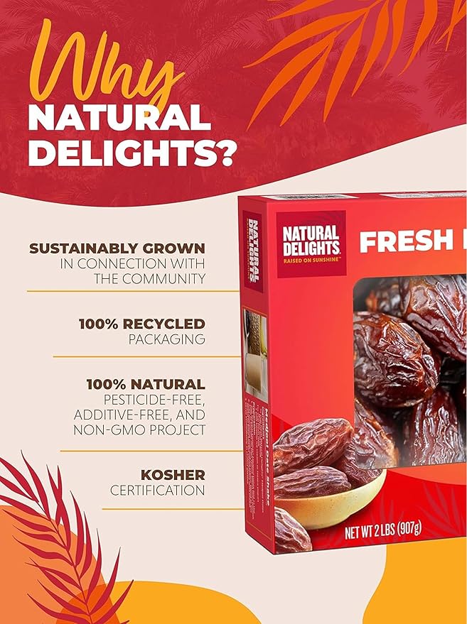 Natural Delights Medjool Dates Whole - Non-GMO Verified Fruit, Good Source of Fiber & Potassium