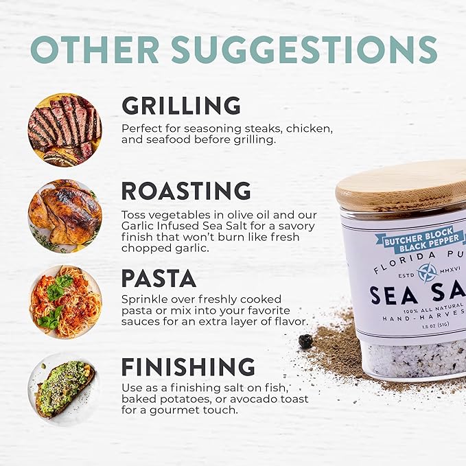 FLORIDA PURE Black Pepper Sea Salt - 80+ Mineral Sea Salt, Natural, Unrefined, Non Iodized - for