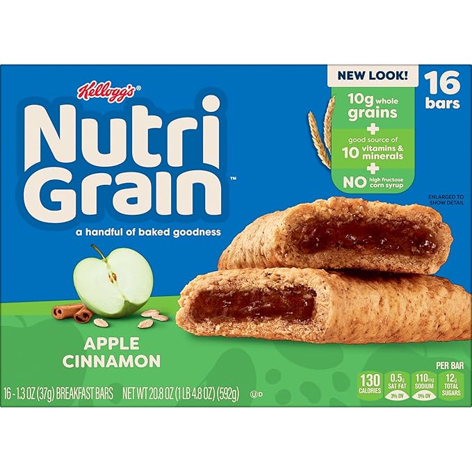 Nutri-Grain Breakfast Bars, Made with 10g Whole Grains, Snack Bars, Apple Cinnamon, 20.8oz Box (16