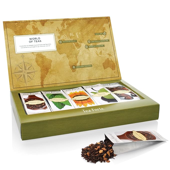 Tea Forte World of Teas Single Steeps Loose Leaf Premium Tea Gift Set Sampler, 15 Count 3 of Each