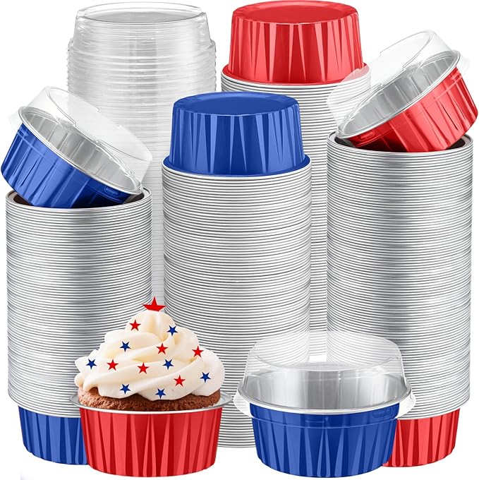 Gejoy 400 Pcs Aluminum Foil Baking Cups with Lids 5 oz Disposable Ramekins Mini Cake Pans Creme