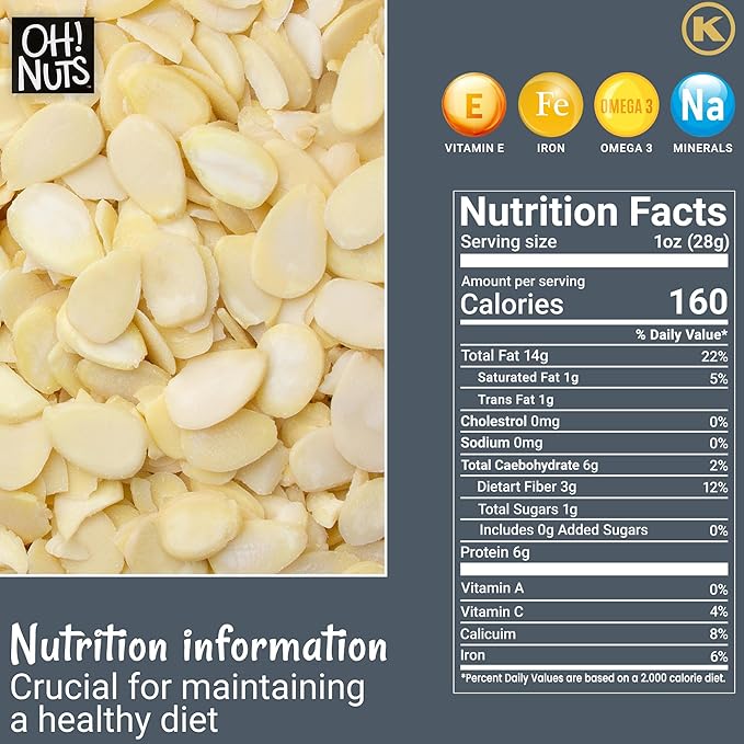 Oh! Nuts Almonds Blanched Sliced - Raw - 100% Natural - 1.5 lb - High-Protein Almonds - Packed in