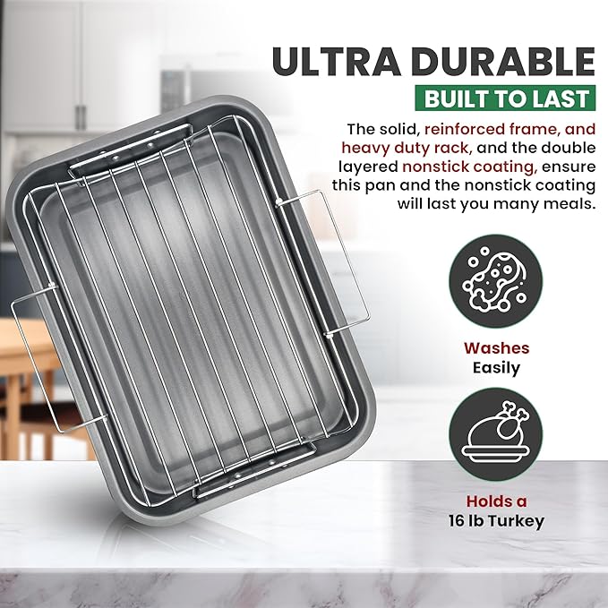 Large Roasting Pan With Rack 12” x 16” - Non Stick Large Roaster Pan and V-Rack With Foldable