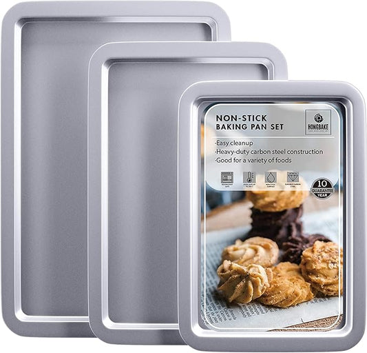 HONGBAKE Cookie Sheet, Baking Sheet Set, Nonstick Oven Pan with Wider Grips,3 Pack, Avoid Too Much