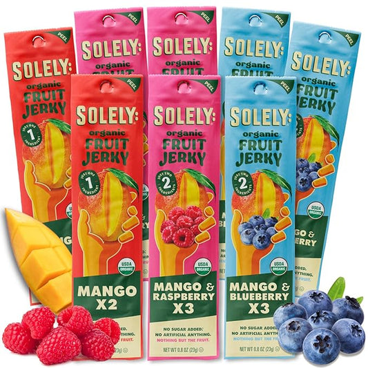 SOLELY - Organic Fruit Jerky Variety Pack - 8 Flavors, 8 Individually Wrapped Strips - Fruit