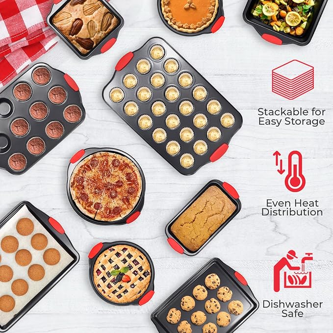 PERLLI Non-Stick 10-Piece Baking Pan Set, BPA-Free Carbon Steel Bakeware Set with Silicone Handles