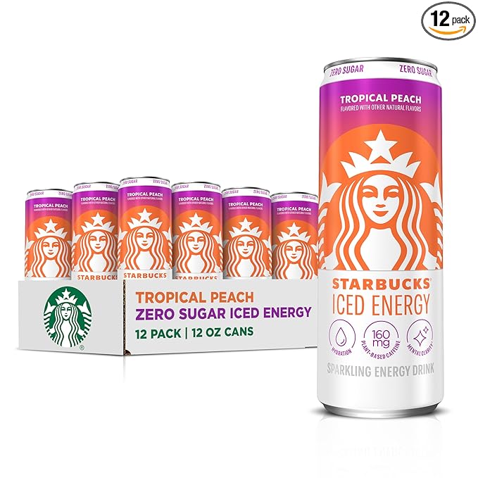 Starbucks Iced Energy Drink, Tropical Peach, Zero Sugar Energy Drink, Plant Based Caffeine