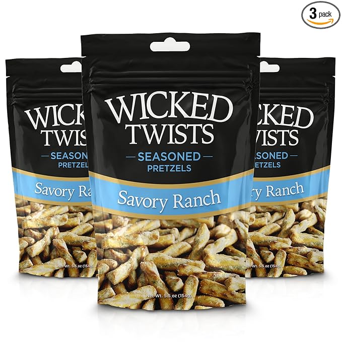 Wicked Twists Savory Ranch Seasoned Pretzels Twists 5.5 oz (3 Pack) Snack Pretzel Sticks Rods, Bold