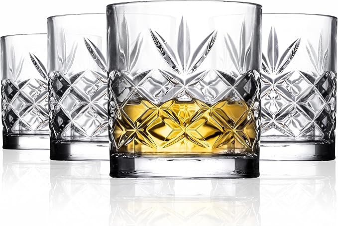 Royalty Art Whiskey Glasses - Set of 4 Premium Crystal Tumblers with The Distinctive Kinsley Design
