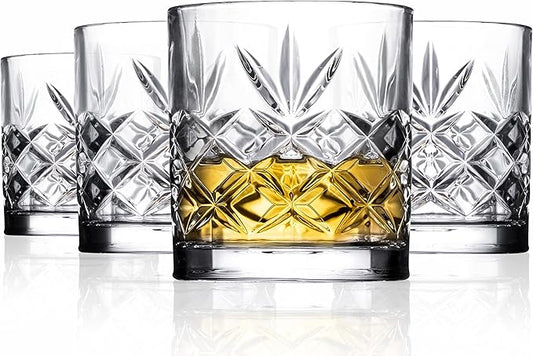 Royalty Art Whiskey Glasses - Set of 4 Premium Crystal Tumblers with The Distinctive Kinsley Design