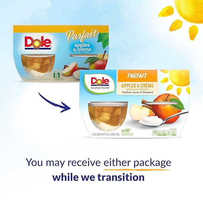 Dole Fruit Bowls Low Fat Apples & Creme Parfait Snacks, 4oz 24 Total Cups, Gluten & Dairy Free