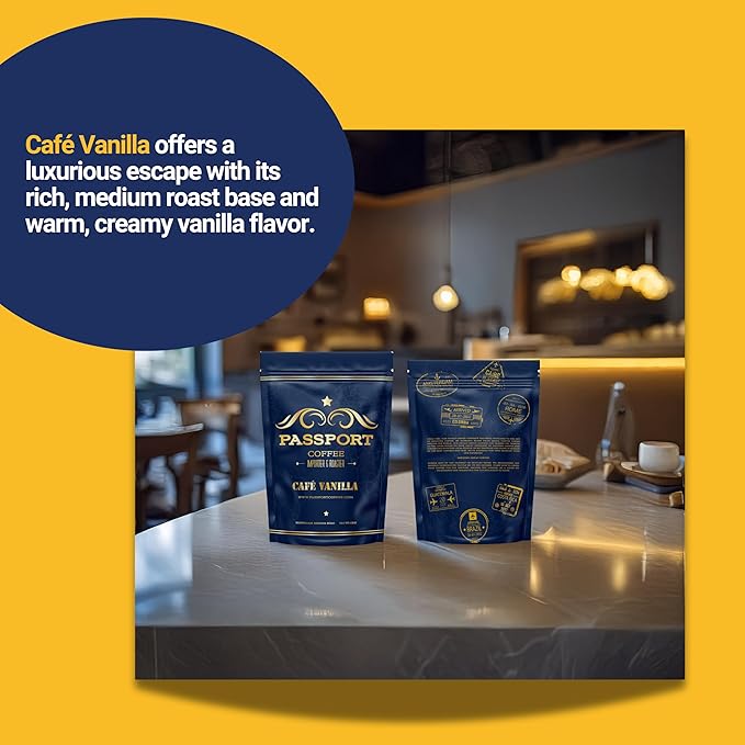 Passport Coffee Cafe Vanilla - Medium roast blend from Colombia & Central America with Rich vanilla