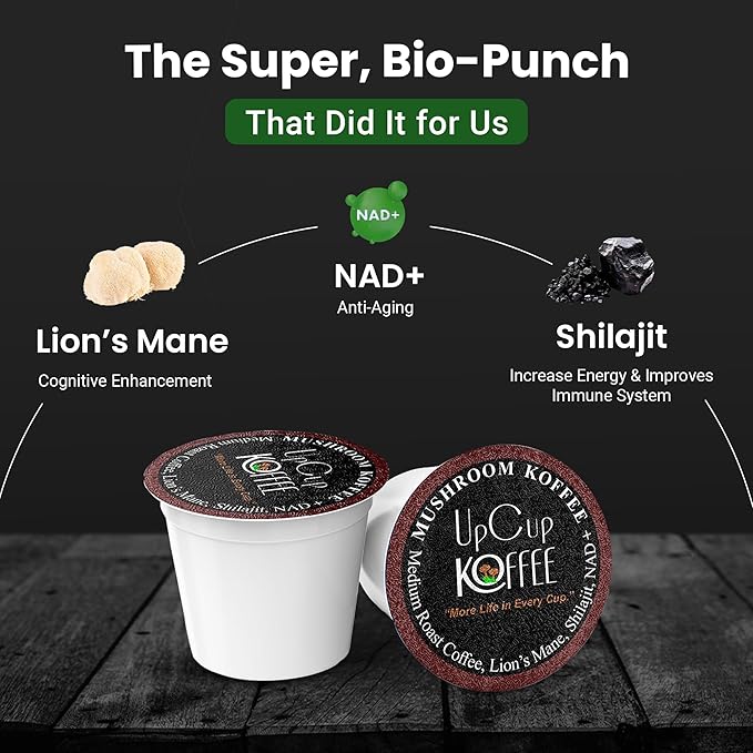 UpCup Koffee Functional Mushroom Coffee K Cups - 100% Arabica Coffee Beans with Lions Mane, NAD+, &