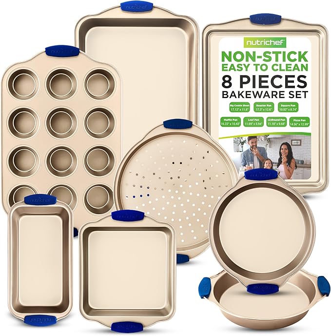 NutriChef 8-Piece Nonstick Bakeware Set - Heavy Duty Carbon Steel Baking Pans w/ Blue Silicone