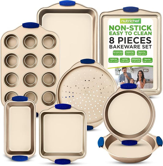 NutriChef 8-Piece Nonstick Bakeware Set - Heavy Duty Carbon Steel Baking Pans w/ Blue Silicone
