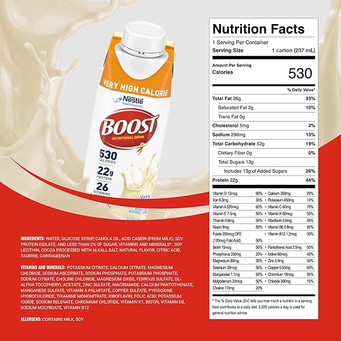 Boost Very High Calorie Vanilla Nutritional Drink ??22g Protein, 530 Nutrient Rich Calories, 8 Fl