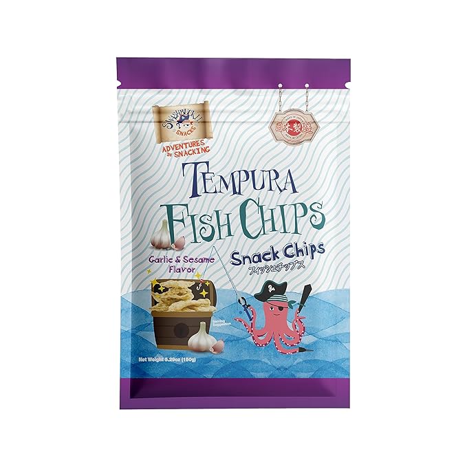 Crispy Tempura Fish Chips Garlic and Sesame Flavor 5.29oz (150g), Made in Japan by Swashbuckle