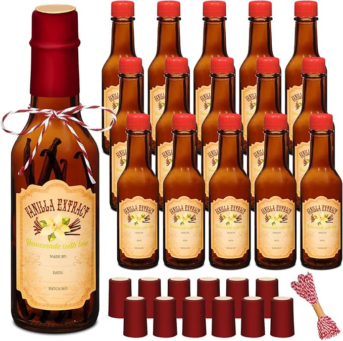 Tioncy 16 Pcs Vanilla Extract Bottles for Homemade Vanilla Jar Glass Bottle with Cap, Shrink Band