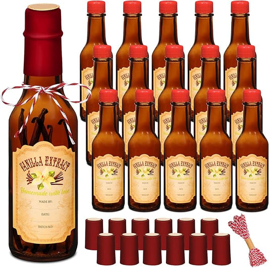 Tioncy 16 Pcs Vanilla Extract Bottles for Homemade Vanilla Jar Glass Bottle with Cap, Shrink Band