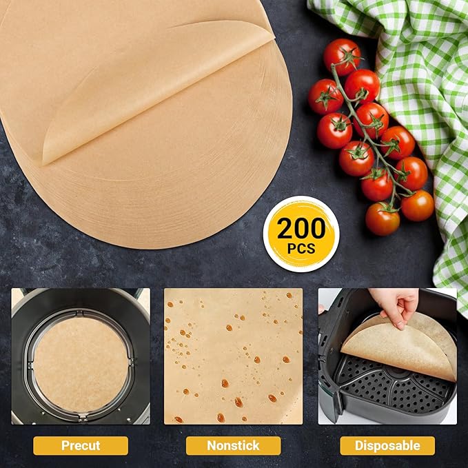 Beasea Air Fryer Parchment Paper - 11 Inch, 200pcs Round Unbleached Non-perforated Parchment Bamboo