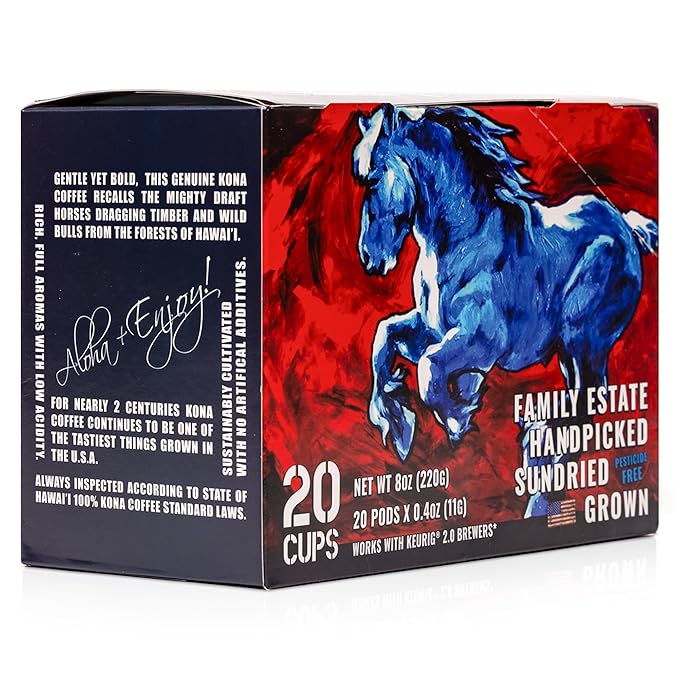 Blue Horse 100% Kona Coffee Pods, Medium Roast, 20ct Single Serve, Compatible with K Cups 2.0, Farm