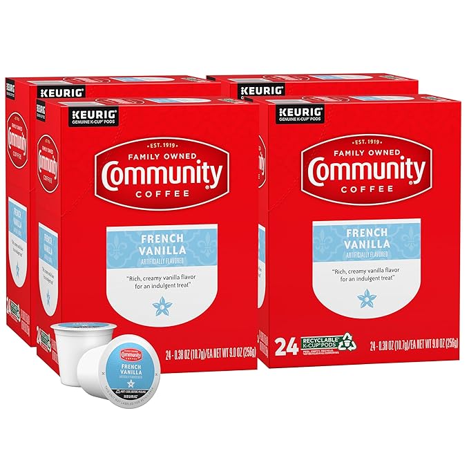Community Coffee French Vanilla Flavored 96 Count Coffee Pods, Medium Roast, Compatible with Keurig