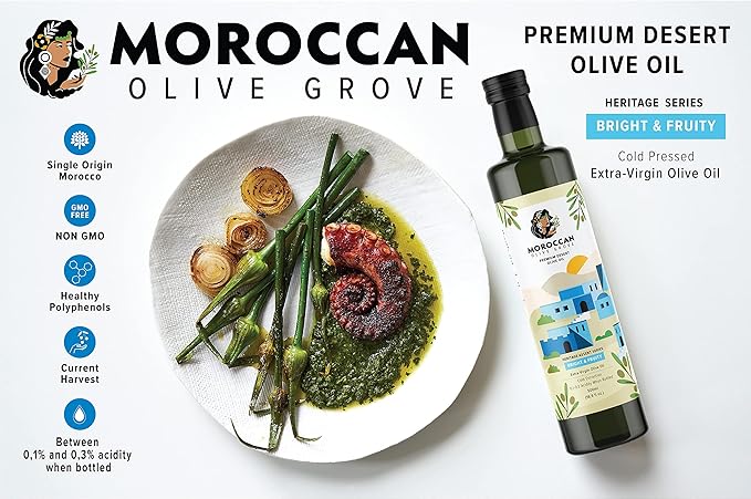 MOROCCAN OLIVE GROVE - Bright & Fruity - Premium Desert Extra Virgin Cold Extracted Olive Oil, 100%