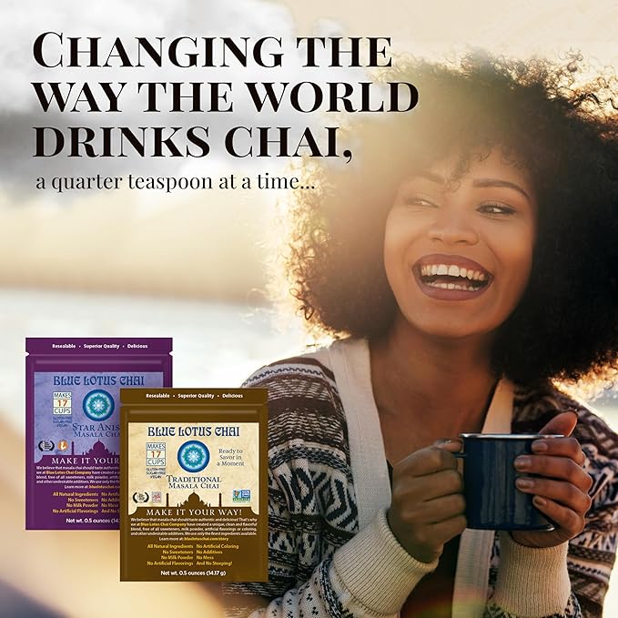 Blue Lotus Chai - Traditional Masala Chai - Makes 17 Cups - 0.5 oz Pouch Masala Spiced Chai Powder