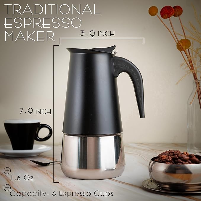 Mixpresso Black 6 Cup Greca Stovetop Espresso Pot 300ml/10oz, Moka Pot with Coffee Percolator