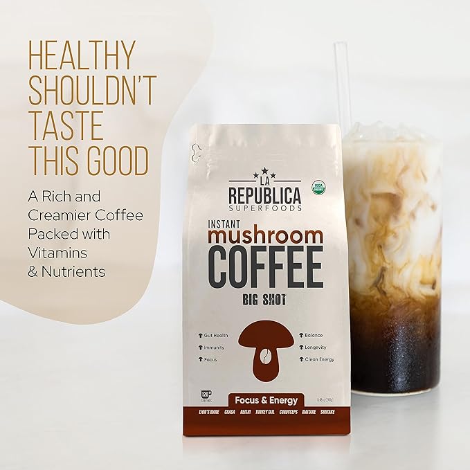 La Republica Big Shot Decaf Instant Mushroom Coffee Organic (120 Servings) with Lion's Mane