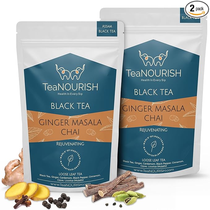 TeaNOURISH Ginger Masala Chai Tea | Assam CTC Loose Black Tea | Blended with Authentic Indian
