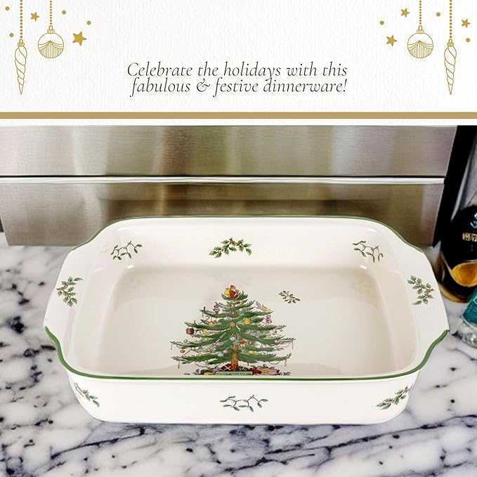 Spode Christmas Tree Rectangular Handled Dish (9" x 12") Baking & Seasonal Platters - Earthenware