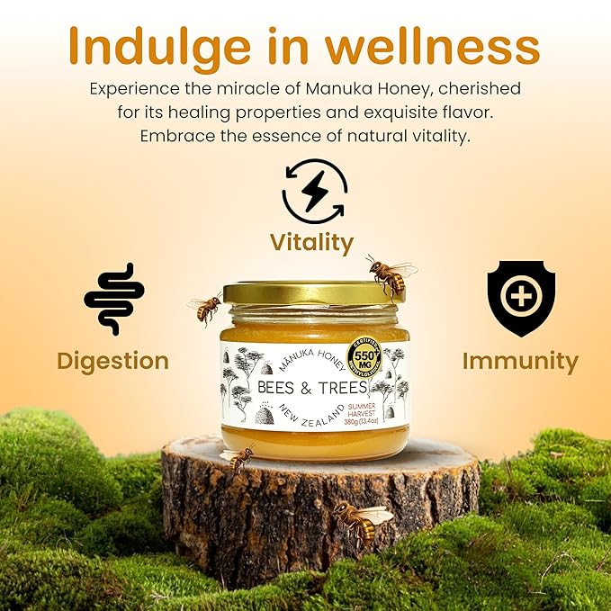 Bees & Trees Manuka Honey 550+ MGO – Pure New Zealand Raw Monofloral Honey – Unpasteurized &