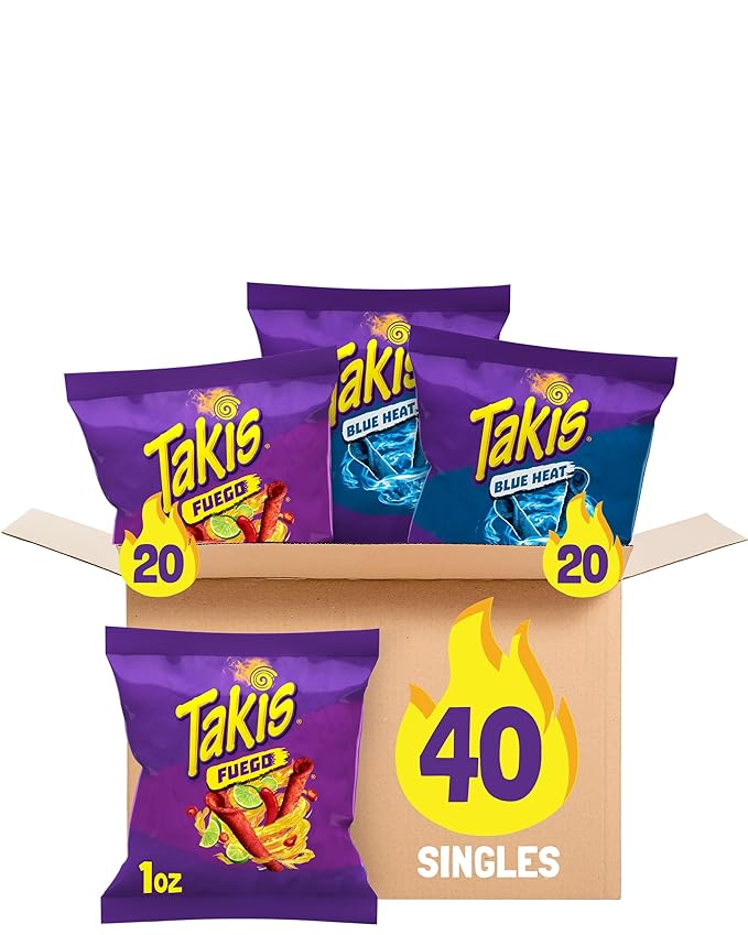 Takis 40 pc / 1 oz Variety Pack - Fuego & Blue Heat Flavored Rolled Tortilla Chips - (20) Fuego