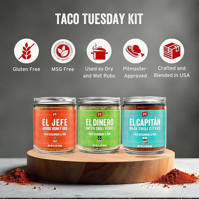 PS Seasoning Taco Box ??El Jefe, El Dinero, El Capitan - Complete Taco Tuesday Seasoning Kit & BBQ