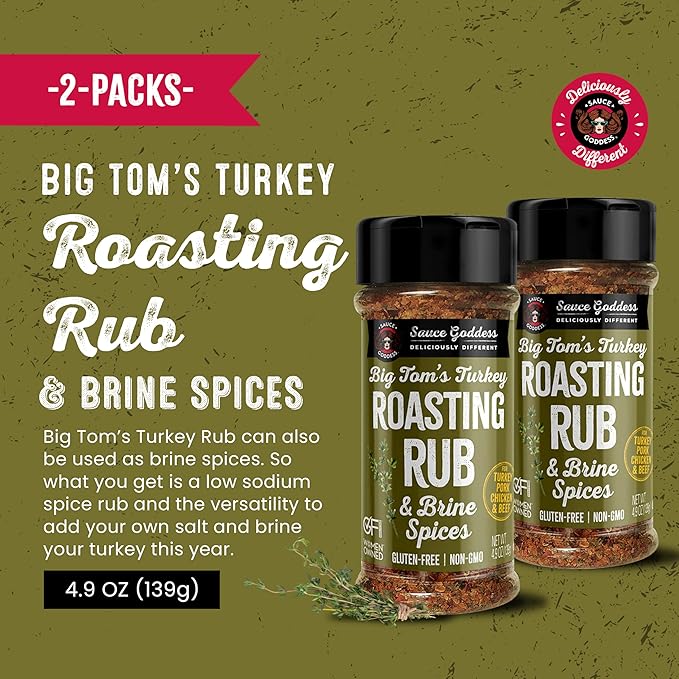 Sauce Goddess Big Tom's Turkey Roasting Rub and Brine Spices Shaker (2-Pack) - Gluten-Free