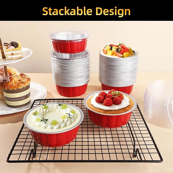 Beasea Disposable Ramekins for Baking, 120 Pack 8 oz 4 Inch with Lids Mini Red Foil Creme Brulee