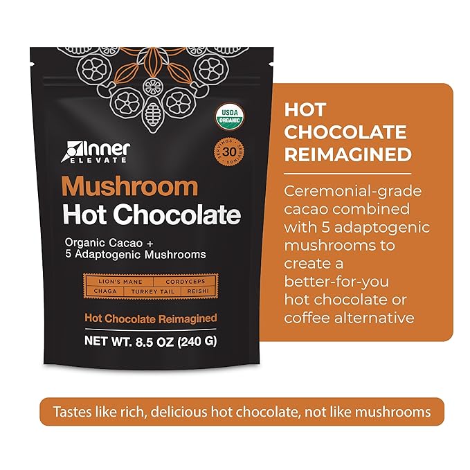 Inner Elevate Mushroom Hot Chocolate Superfood - Ceremonial Cacao with 5 Mushrooms (Lion's Mane