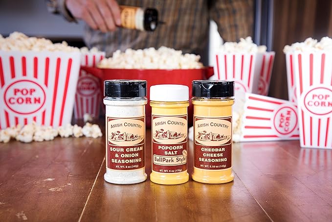 Amish Country Popcorn | Seasoning Variety Pack | 5.5 oz BallPark Style ButterSalt - 4.7 oz Cheddar