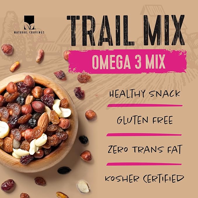 Natural Cravings 22oz Trail Mix Bulk Family Size Bag - Omega 3 Dried Fruit Mix & Assorted Nuts Mix
