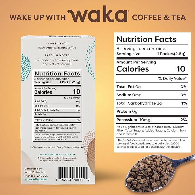 Waka Premium Instant Coffee Sachets — 100% Arabica Freeze Dried Beans — For Hot or Iced Coffee (8