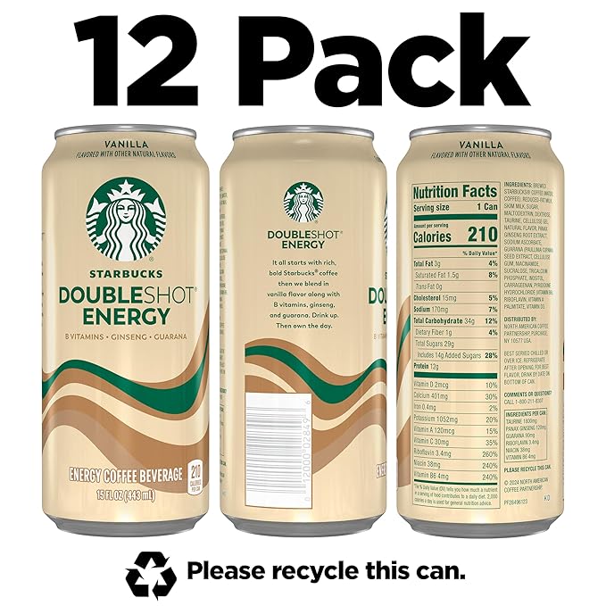 Starbucks Doubleshot Energy Drink Coffee Beverage, Vanilla, Iced Coffee, 15 fl oz Cans (Packaging